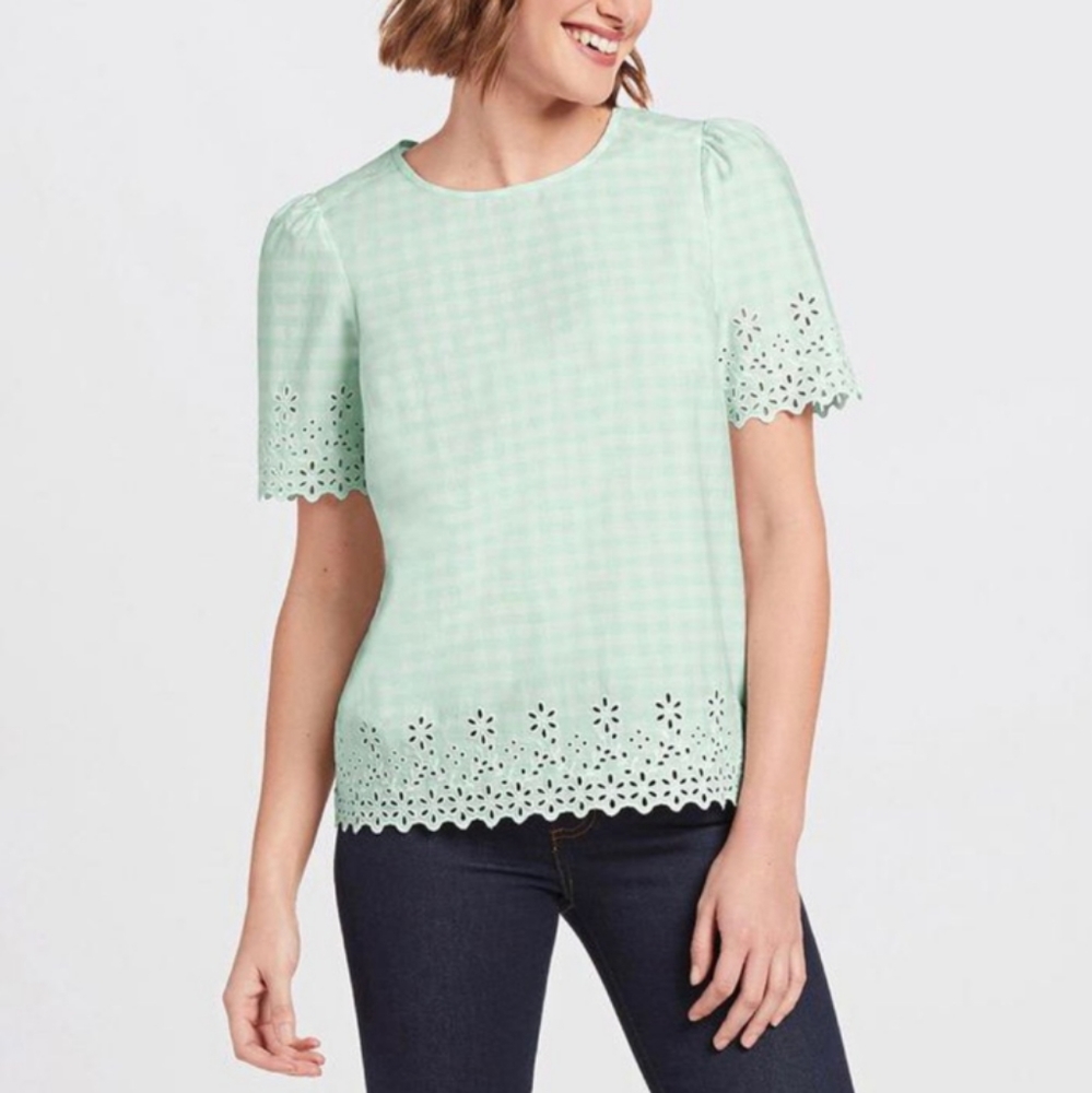 Draper James | Eyelet Embroidered Gingham Top Mint Green Size 1X Plus Size